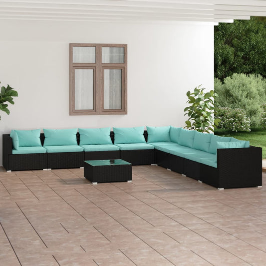 10-tlg. Garten-Lounge-Set mit Kissen Poly Rattan Schwarz 113158