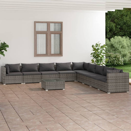 10-tlg. Garten-Lounge-Set mit Kissen Poly Rattan Grau 114217