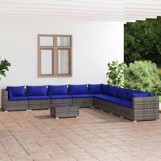 10-tlg. Garten-Lounge-Set mit Kissen Poly Rattan Grau 98332