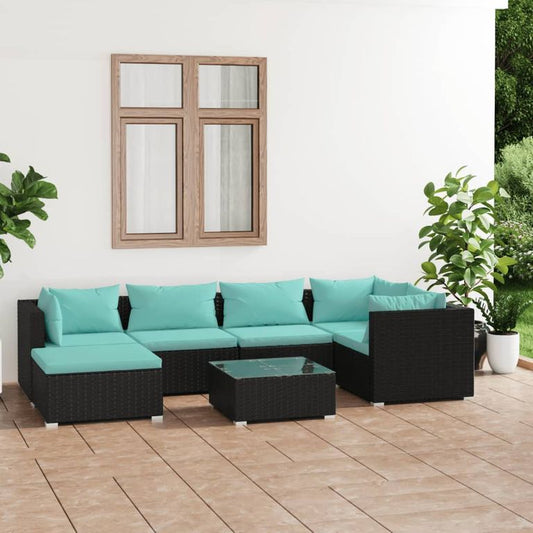 7-tlg. Garten-Lounge-Set mit Kissen Poly Rattan Schwarz 96414