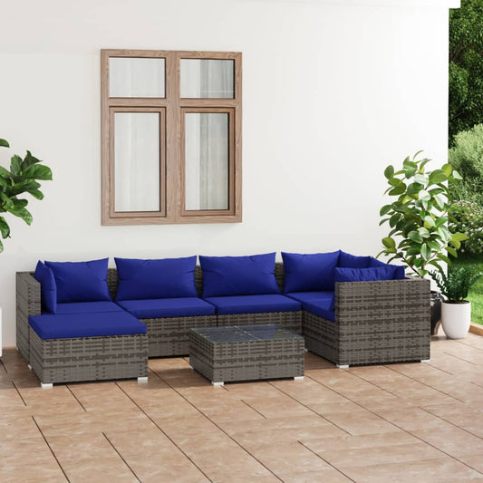 7-tlg. Garten-Lounge-Set mit Kissen Poly Rattan Grau 98341