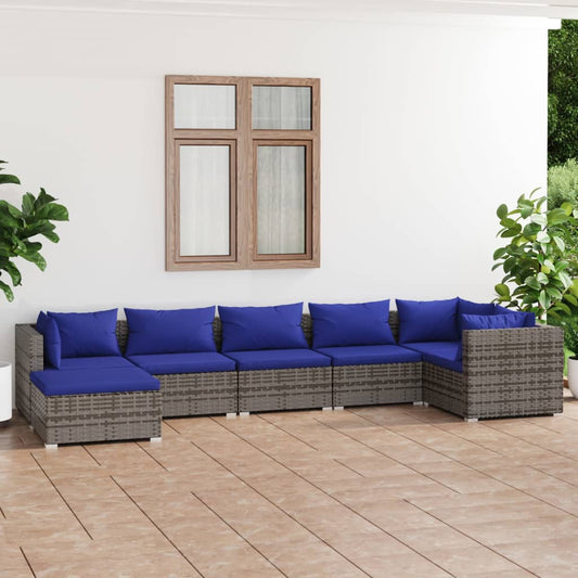 7-tlg. Garten-Lounge-Set mit Kissen Poly Rattan Grau 98342