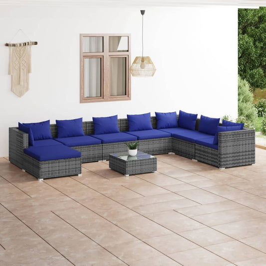 9-tlg. Garten-Lounge-Set mit Kissen Poly Rattan Grau 101075