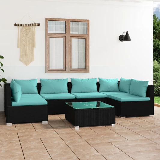 7-tlg. Garten-Lounge-Set mit Kissen Poly Rattan Schwarz 120006