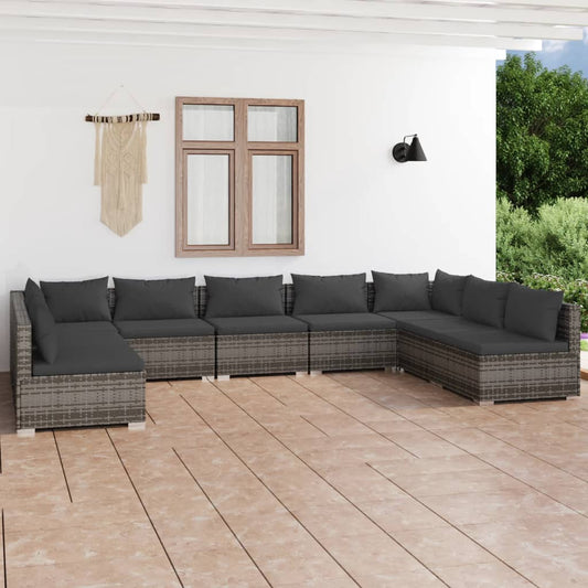 9-tlg. Garten-Lounge-Set mit Kissen Poly Rattan Grau 109751