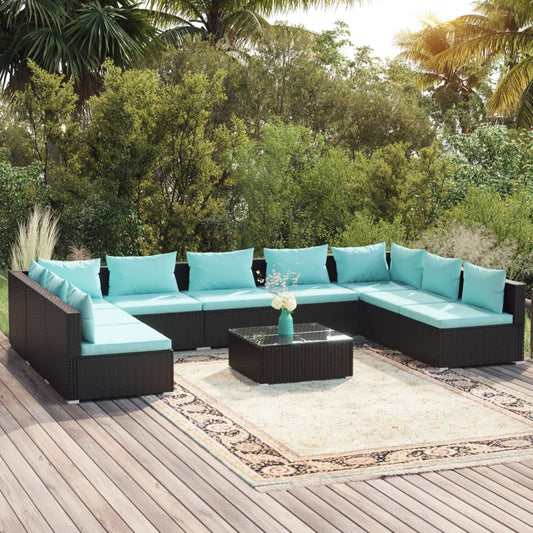 10-tlg. Garten-Lounge-Set mit Kissen Poly Rattan Schwarz 114920