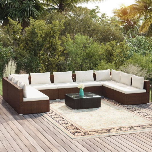 10-tlg. Garten-Lounge-Set mit Kissen Poly Rattan Braun 108066