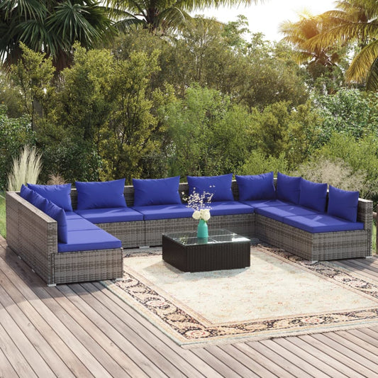 10-tlg. Garten-Lounge-Set mit Kissen Poly Rattan Grau 106139