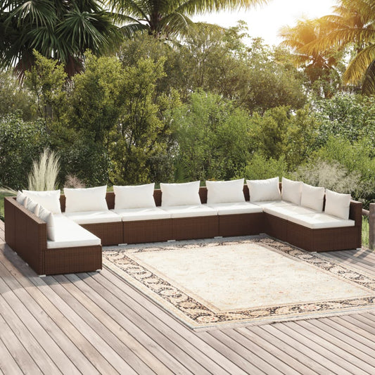 10-tlg. Garten-Lounge-Set mit Kissen Poly Rattan Braun 108065