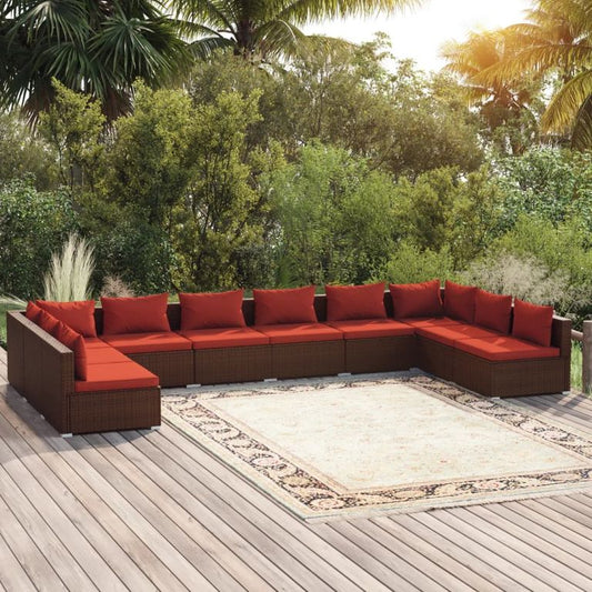 10-tlg. Garten-Lounge-Set mit Kissen Poly Rattan Braun 95659