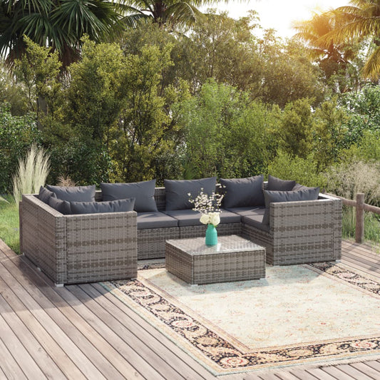 7-tlg. Garten-Lounge-Set mit Kissen Poly Rattan Grau 114602