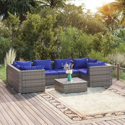 7-tlg. Garten-Lounge-Set mit Kissen Poly Rattan Grau 95371