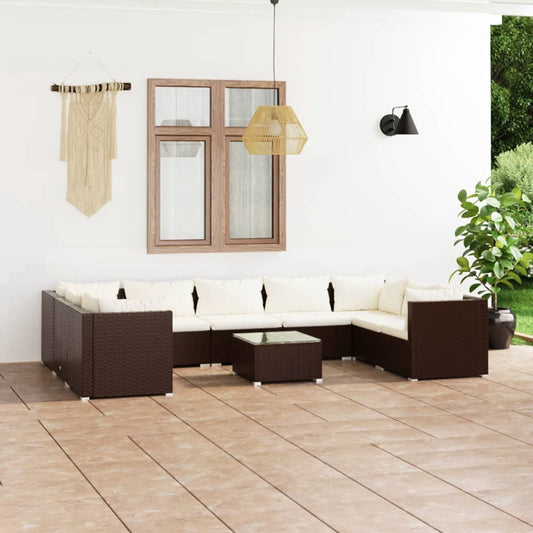 10-tlg. Garten-Lounge-Set mit Kissen Poly Rattan Braun 108081