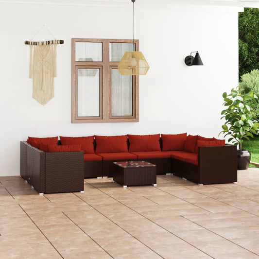 10-tlg. Garten-Lounge-Set mit Kissen Poly Rattan Braun 104879