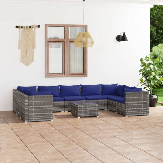 10-tlg. Garten-Lounge-Set mit Kissen Poly Rattan Grau 98358