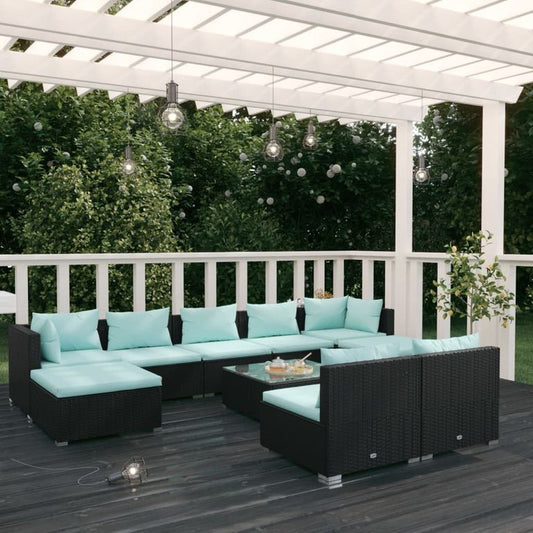 10-tlg. Garten-Lounge-Set mit Kissen Schwarz Poly Rattan 95903