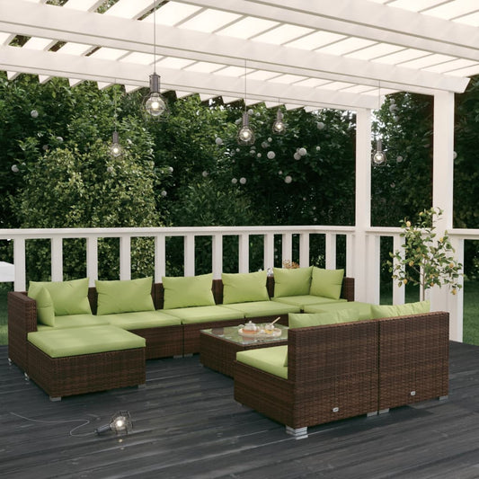 10-tlg. Garten-Lounge-Set mit Kissen Braun Poly Rattan 106183