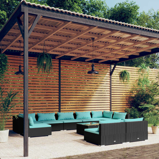 10-tlg. Garten-Lounge-Set mit Kissen Schwarz Poly Rattan 113155