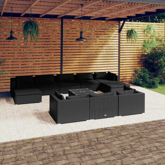 11-tlg. Garten-Lounge-Set mit Kissen Schwarz Poly Rattan 109888