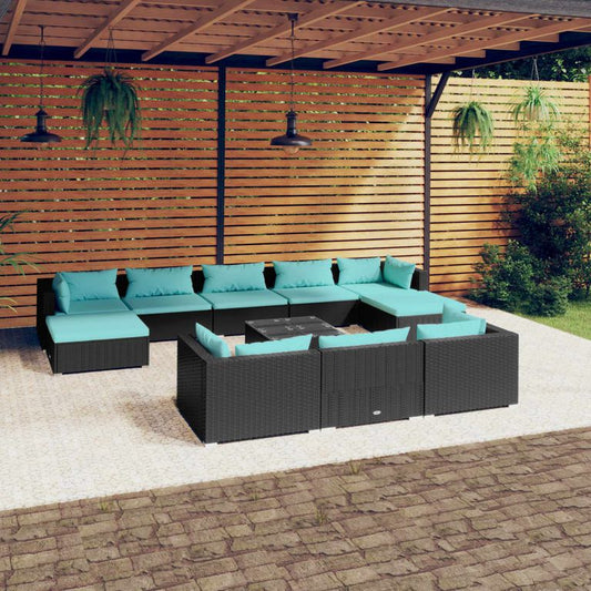 11-tlg. Garten-Lounge-Set mit Kissen Schwarz Poly Rattan 95904