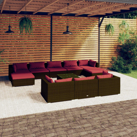 11-tlg. Garten-Lounge-Set mit Kissen Braun Poly Rattan 110229