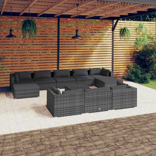 11-tlg. Garten-Lounge-Set mit Kissen Grau Poly Rattan 109884