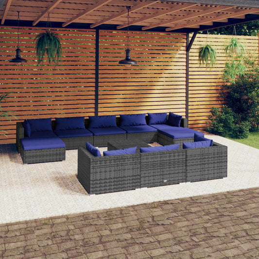 11-tlg. Garten-Lounge-Set mit Kissen Grau Poly Rattan 98361