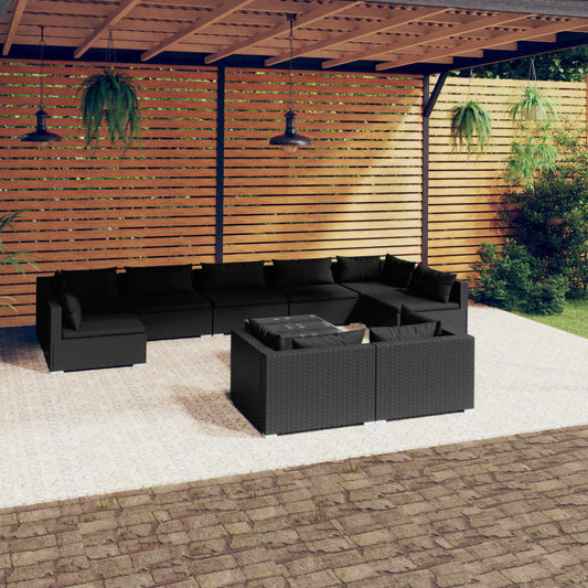 10-tlg. Garten-Lounge-Set mit Kissen Schwarz Poly Rattan 109610