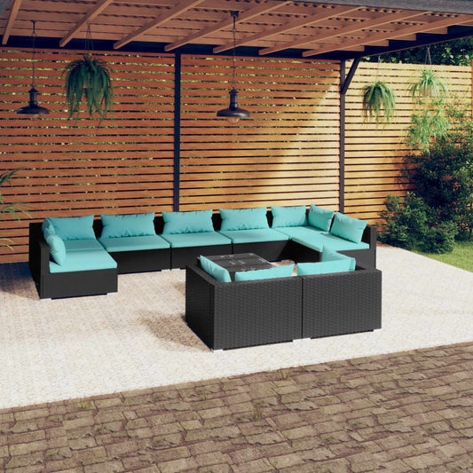 10-tlg. Garten-Lounge-Set mit Kissen Schwarz Poly Rattan 113157