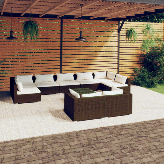 10-tlg. Garten-Lounge-Set mit Kissen Braun Poly Rattan 106114