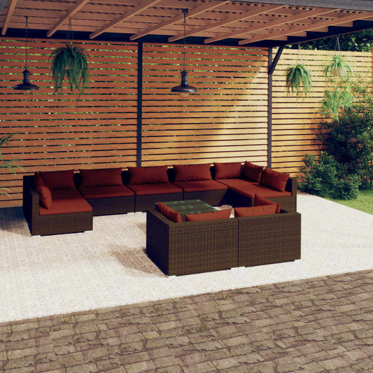 10-tlg. Garten-Lounge-Set mit Kissen Braun Poly Rattan 98364