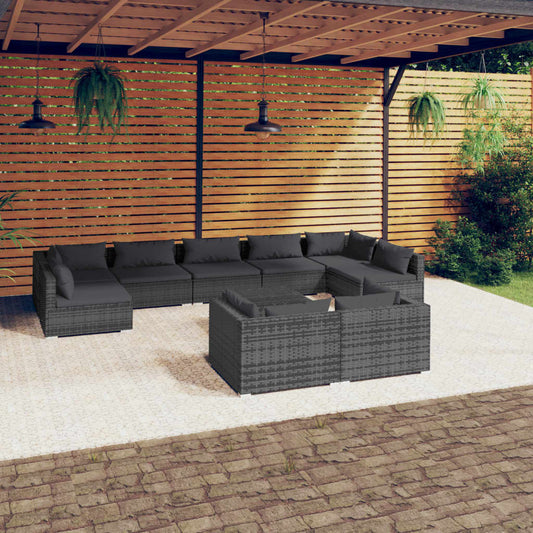 10-tlg. Garten-Lounge-Set mit Kissen Grau Poly Rattan 110136