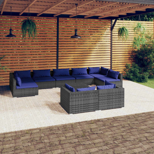 10-tlg. Garten-Lounge-Set mit Kissen Grau Poly Rattan 98365