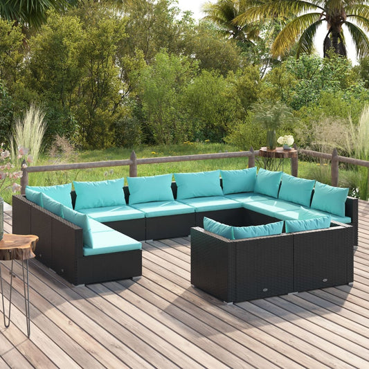 11-tlg. Garten-Lounge-Set mit Kissen Schwarz Poly Rattan 116547