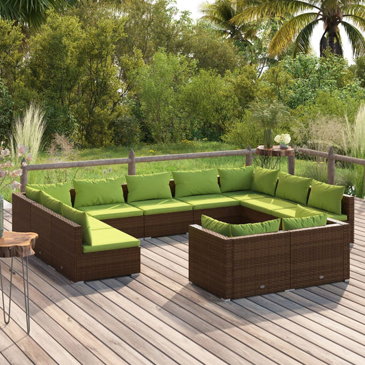 11-tlg. Garten-Lounge-Set mit Kissen Braun Poly Rattan 98366