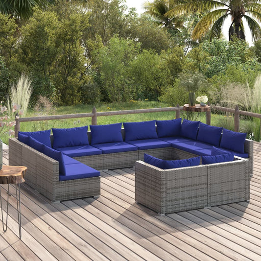 11-tlg. Garten-Lounge-Set mit Kissen Grau Poly Rattan 109305