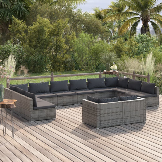 12-tlg. Garten-Lounge-Set mit Kissen Grau Poly Rattan 109750