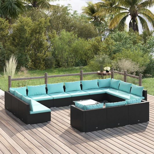 14-tlg. Garten-Lounge-Set mit Kissen Schwarz Poly Rattan 114916