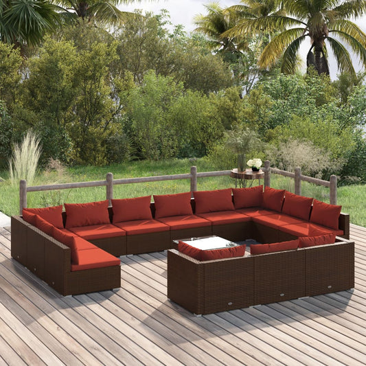 14-tlg. Garten-Lounge-Set mit Kissen Braun Poly Rattan 104878