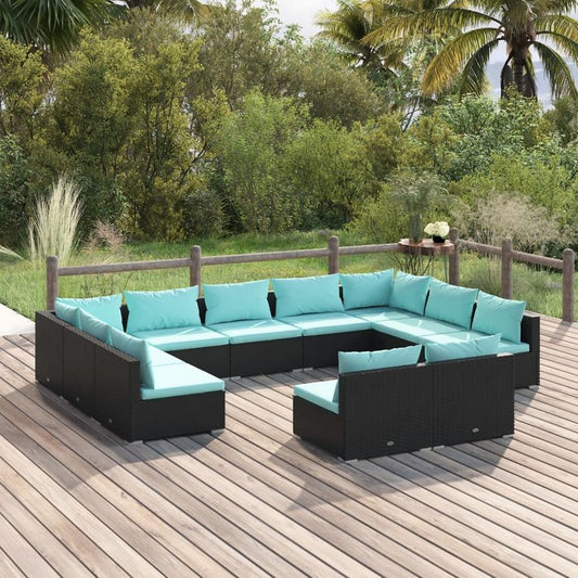 11-tlg. Garten-Lounge-Set mit Kissen Schwarz Poly Rattan 96076