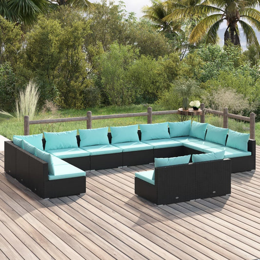 12-tlg. Garten-Lounge-Set mit Kissen Schwarz Poly Rattan 116553