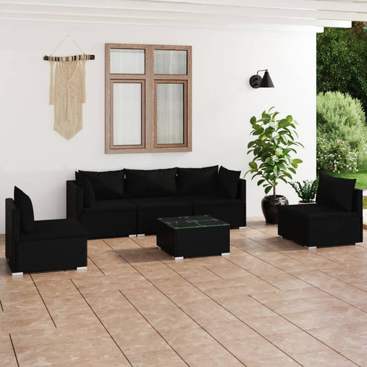 6-tlg. Garten-Lounge-Set mit Kissen Poly Rattan Schwarz 113532