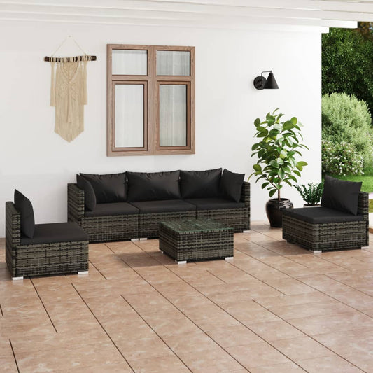 6-tlg. Garten-Lounge-Set mit Kissen Poly Rattan Grau 119241