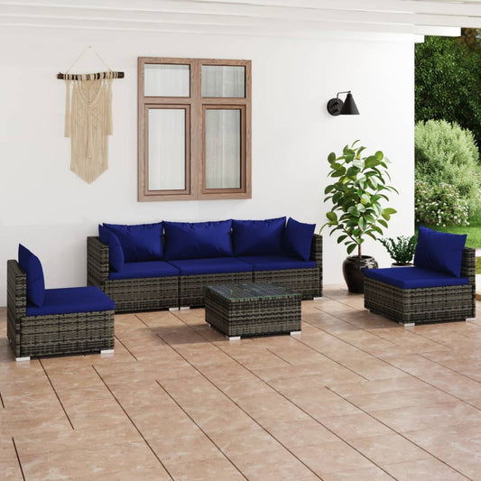 6-tlg. Garten-Lounge-Set mit Kissen Poly Rattan Grau 98380