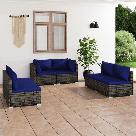 6-tlg. Garten-Lounge-Set mit Kissen Poly Rattan Grau 100357