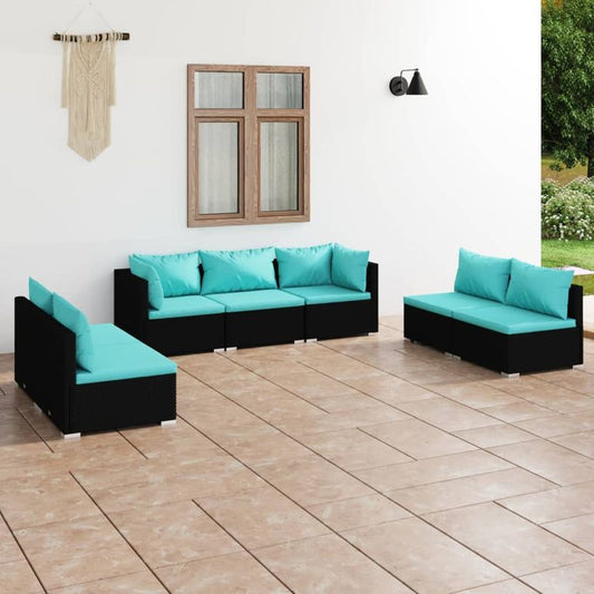 7-tlg. Garten-Lounge-Set mit Kissen Poly Rattan Schwarz 96065