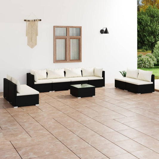 9-tlg. Garten-Lounge-Set mit Kissen Poly Rattan Schwarz 104441