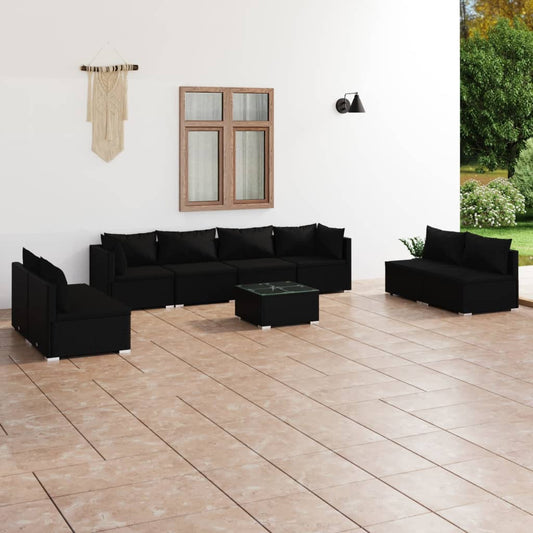 9-tlg. Garten-Lounge-Set mit Kissen Poly Rattan Schwarz 119447