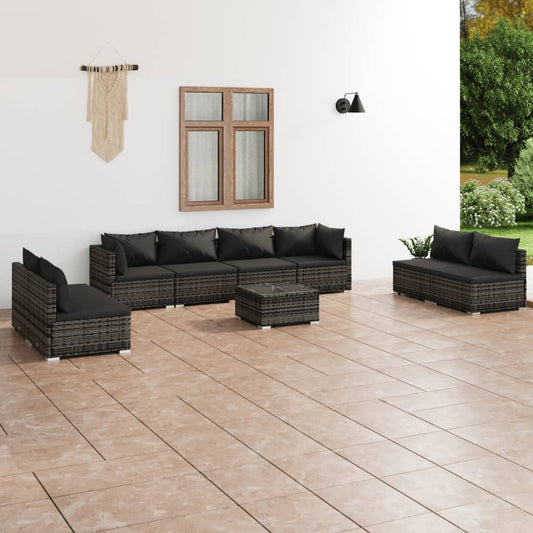 9-tlg. Garten-Lounge-Set mit Kissen Poly Rattan Grau 115338