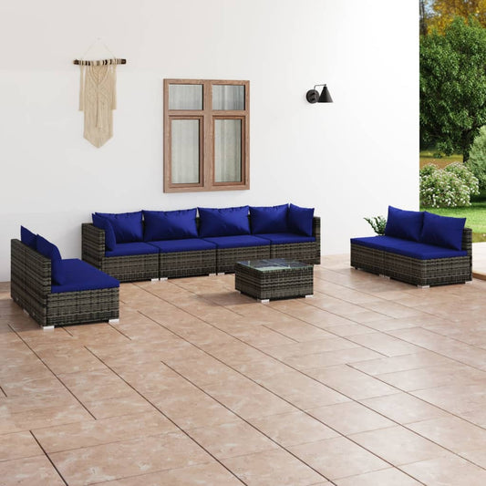 9-tlg. Garten-Lounge-Set mit Kissen Poly Rattan Grau 98384